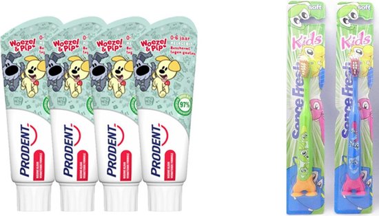 4x - 75 m Prodent Tandpasta Woezel & Pip 0-6 jaarl + 2x Sencefresh Tandenborstel Kids