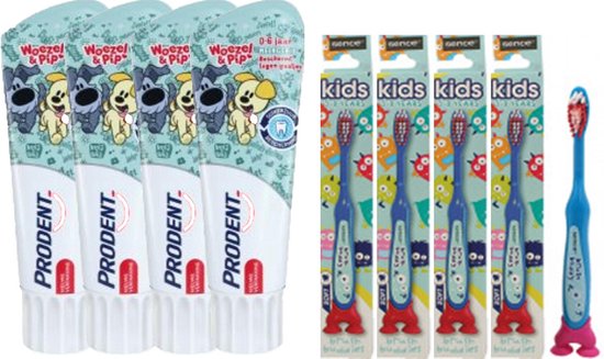 4x Prodent Tandpasta Woezel & Pip 0-6 jaar - 75 ml + 4x Sencefresh Tandenborstel Kids