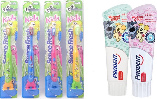 4x Sencefresh Tandenborstel Kids + 2x Prodent Tandpasta Woezel & Pip 0-6 jaar - 75 ml