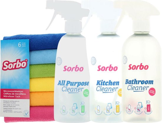 3x Sorbo Cleanersset met Sachet - 500 ml + Sorbo Microvezeldoeken - 6 stuks