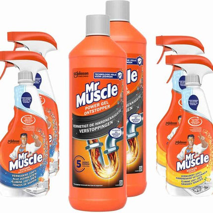 2x Mr. Muscle Power Gel Ontstopper - 1 liter + 2x Mr. Muscle Badkamerreiniger Spray - 500 ml + 2x Mr. Muscle Keukenreiniger Spray - 500 ml