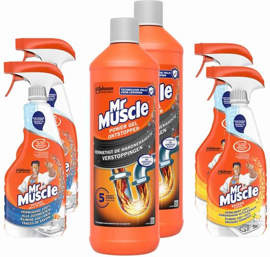 2x Mr. Muscle Power Gel Ontstopper - 1 liter + 2x Mr. Muscle Badkamerreiniger Spray - 500 ml + 2x Mr. Muscle Keukenreiniger Spray - 500 ml