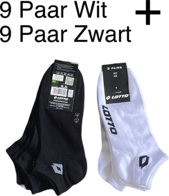 9x Lotto Sneakersokken Zwart Maat 39-42  + 9x Lotto Enkelsokken Wit Maat 39-42