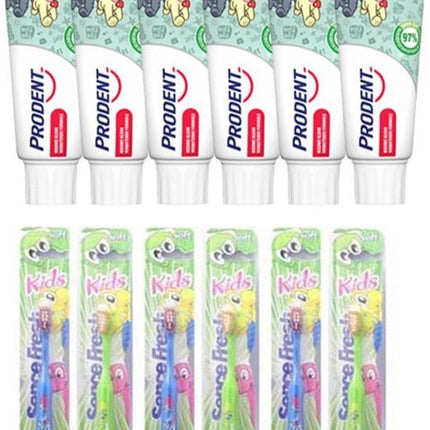 6x Prodent Tandpasta Woezel & Pip 0-6 jaar - 75 ml + 6x Sencefresh Tandenborstel Kids