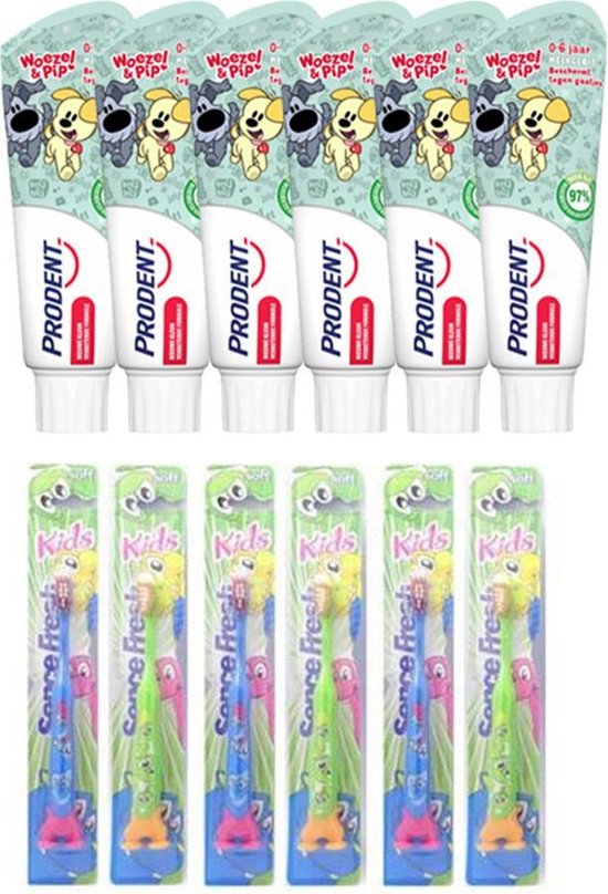 6x Prodent Tandpasta Woezel & Pip 0-6 jaar - 75 ml + 6x Sencefresh Tandenborstel Kids