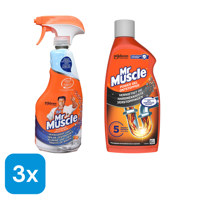 Mr. Muscle Badkamerreiniger Spray - 500 ml + 3x Mr. Muscle Power Gel Ontstopper - 500 ml