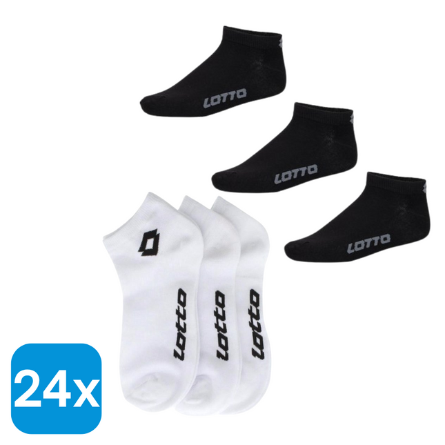 24x Lotto Sneakersokken Zwart Maat 43-46 - 3 paar + 24x Lotto Sneakersokken Wit Maat 43-46 - 3 paar