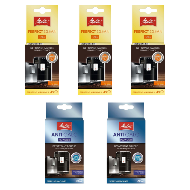 2x Melitta Ontkalkingspoeder - 2 stuks + 3x Melitta Perfect Clean Reinigingstabletten - 4 stuks