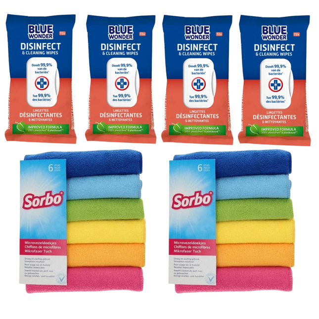 4x Blue Wonder Reinigingsdoekjes - 80 stuks + 2x Sorbo Microvezeldoeken - 6 stuks