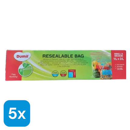 5x Dumil Diepvrieszakjes Hersluitbaar 1L/3L - 50 stuks