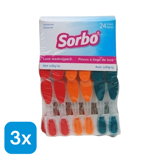3x Sorbo Wasknijpers Gekleurd - 24 stuks