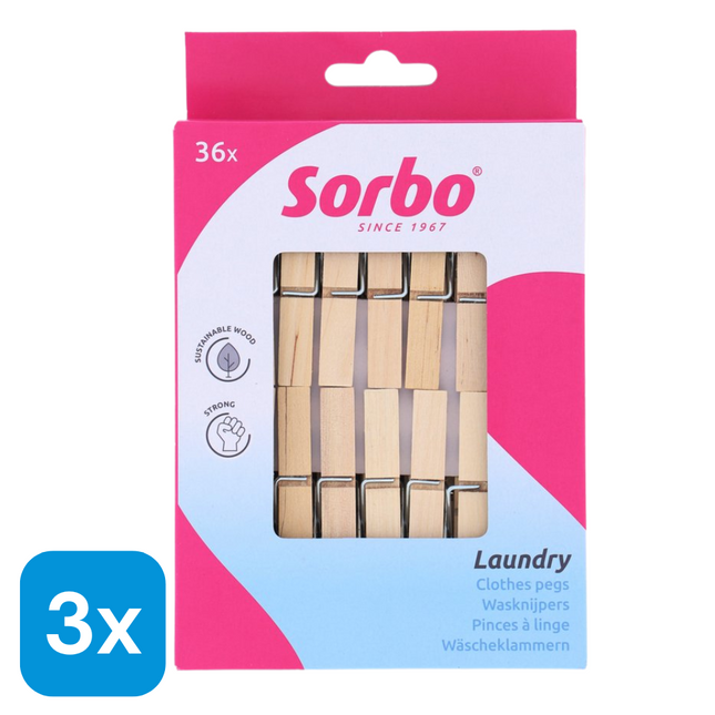 3x Sorbo Wasknijpers Hout - 36 stuks