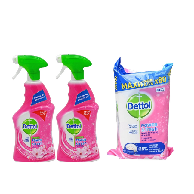 2x Dettol Allesreiniger Spray Kersenbloesem - 750 ml + Dettol Schoonmaakdoekjes Kersenbloesem - 80 stuks