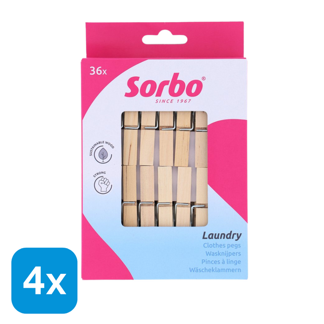 4x Sorbo Wasknijpers Hout - 36 stuks