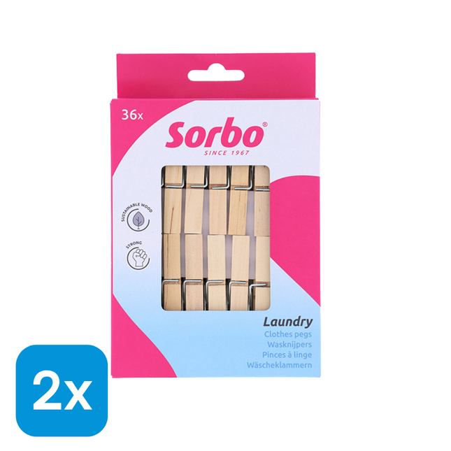 2x Sorbo Wasknijpers Hout - 36 stuks