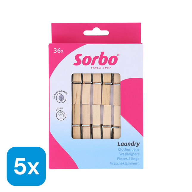 5x Sorbo Wasknijpers Hout - 36 stuks