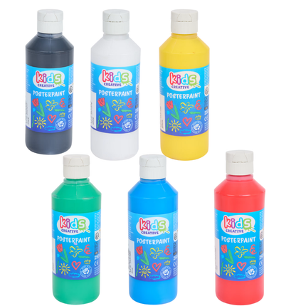 6x Plakkaatverf Wit/Rood/Groen/Blauw/Geel/Zwart - 250 ml