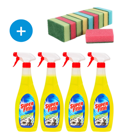 4x Superfinn Ontvetter Spray - 750 ml + Schuursponsjes - 10 stuks