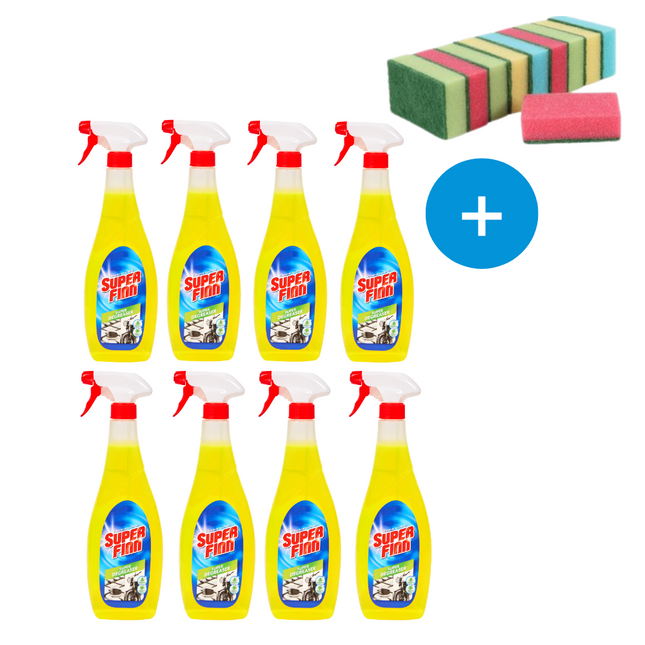 8x Superfinn Ontvetter Spray - 750 ml + Schuursponsjes - 10 stuks